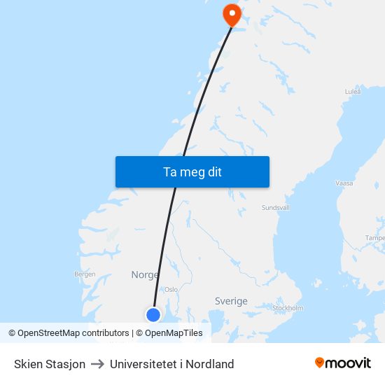 Skien Stasjon to Universitetet i Nordland map