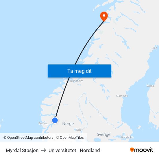 Myrdal Stasjon to Universitetet i Nordland map