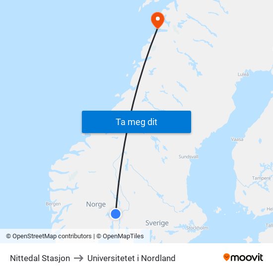 Nittedal Stasjon to Universitetet i Nordland map