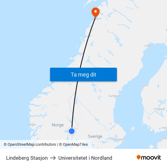Lindeberg Stasjon to Universitetet i Nordland map