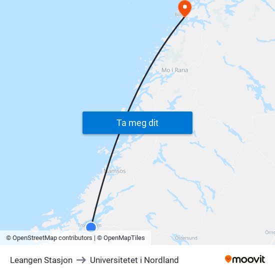 Leangen Stasjon to Universitetet i Nordland map