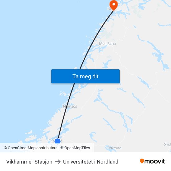 Vikhammer Stasjon to Universitetet i Nordland map