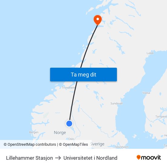 Lillehammer Stasjon to Universitetet i Nordland map