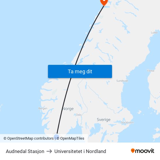 Audnedal Stasjon to Universitetet i Nordland map