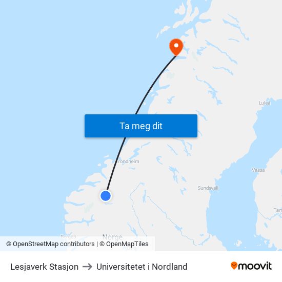 Lesjaverk Stasjon to Universitetet i Nordland map