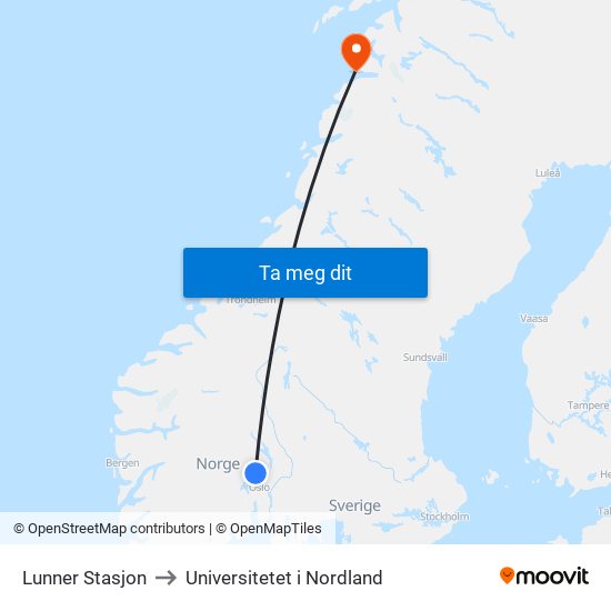 Lunner Stasjon to Universitetet i Nordland map