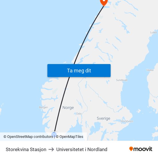 Storekvina Stasjon to Universitetet i Nordland map