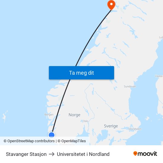 Stavanger Stasjon to Universitetet i Nordland map