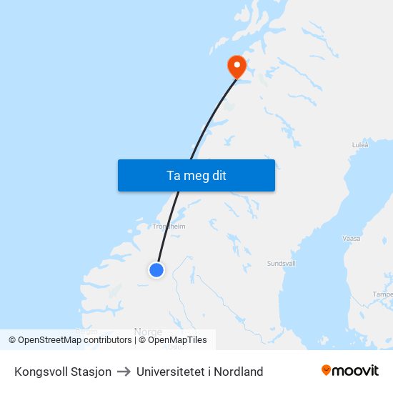 Kongsvoll Stasjon to Universitetet i Nordland map