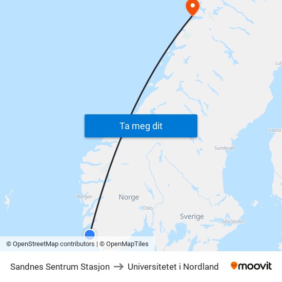 Sandnes Sentrum Stasjon to Universitetet i Nordland map