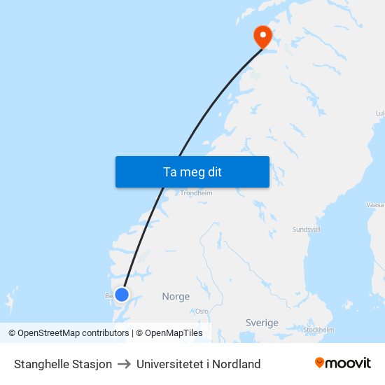 Stanghelle Stasjon to Universitetet i Nordland map