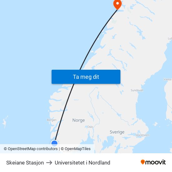 Skeiane Stasjon to Universitetet i Nordland map