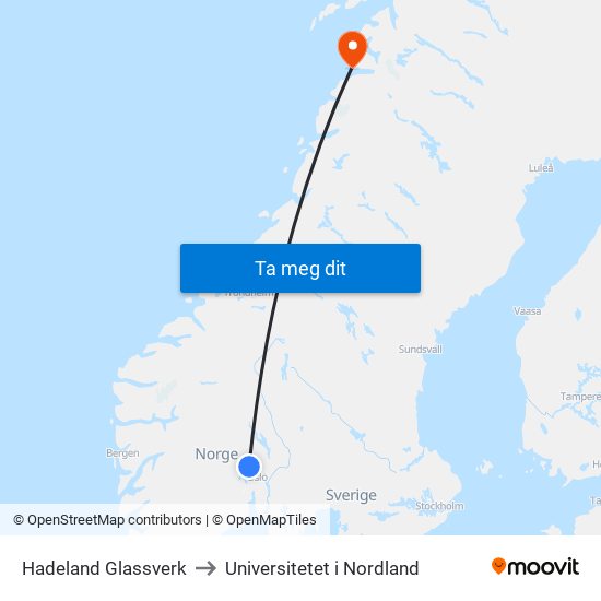 Hadeland Glassverk to Universitetet i Nordland map