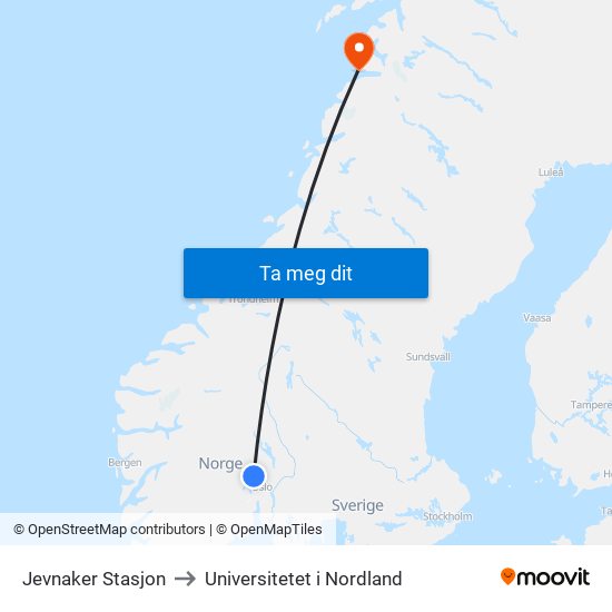 Jevnaker Stasjon to Universitetet i Nordland map