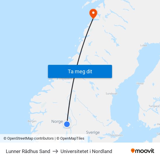 Lunner Rådhus Sand to Universitetet i Nordland map