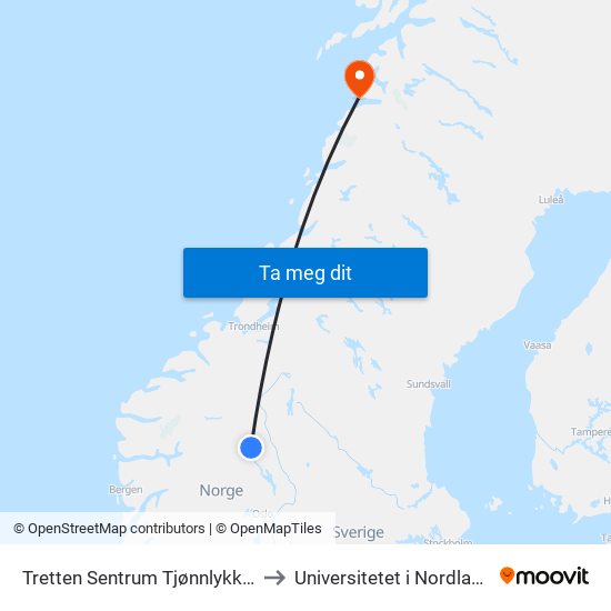 Tretten Sentrum Tjønnlykkja to Universitetet i Nordland map