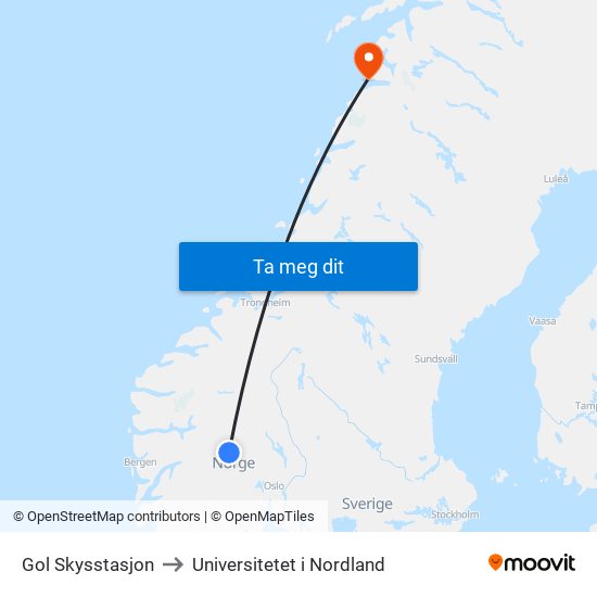 Gol Skysstasjon to Universitetet i Nordland map