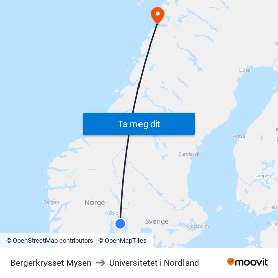 Bergerkrysset Mysen to Universitetet i Nordland map
