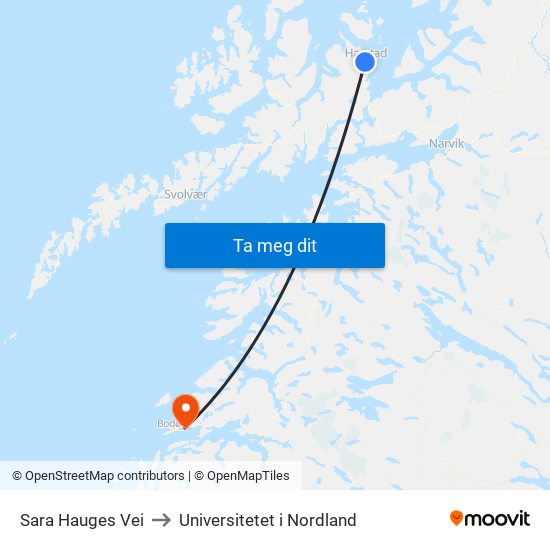 Sara Hauges Vei to Universitetet i Nordland map