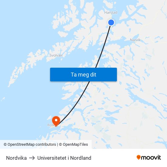 Nordvika to Universitetet i Nordland map