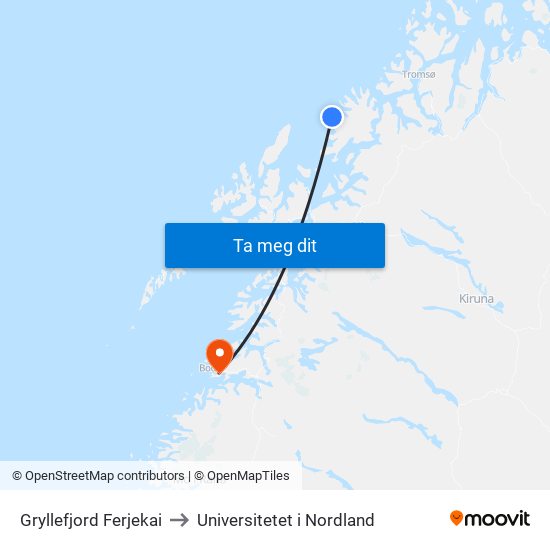 Gryllefjord Ferjekai to Universitetet i Nordland map