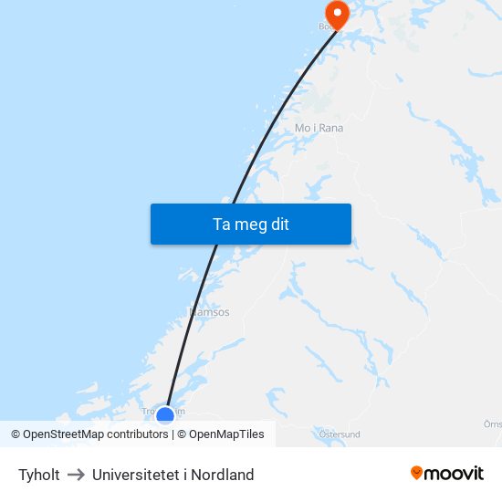 Tyholt to Universitetet i Nordland map