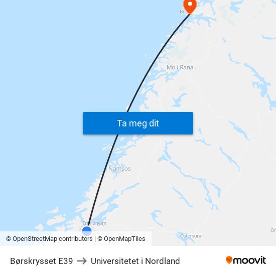 Børskrysset E39 to Universitetet i Nordland map