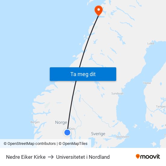 Nedre Eiker Kirke to Universitetet i Nordland map