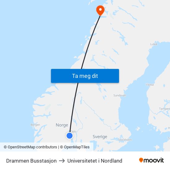 Drammen Busstasjon to Universitetet i Nordland map
