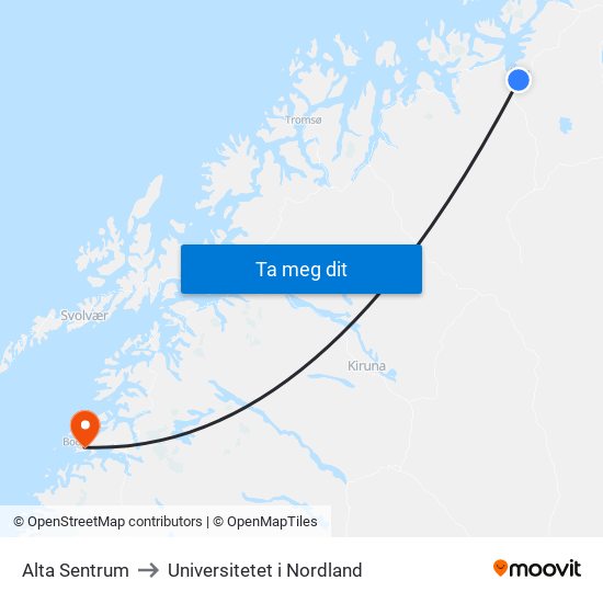 Alta Sentrum to Universitetet i Nordland map