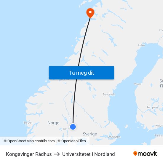 Kongsvinger Rådhus to Universitetet i Nordland map