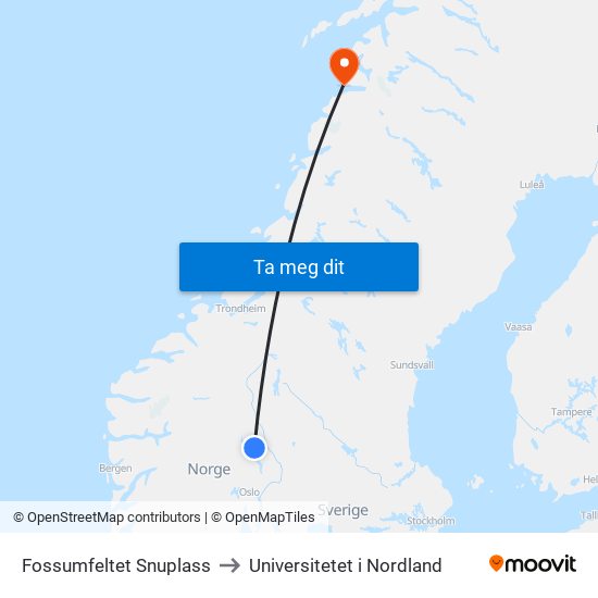 Fossumfeltet Snuplass to Universitetet i Nordland map