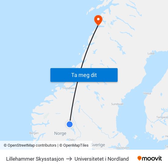 Lillehammer Skysstasjon to Universitetet i Nordland map