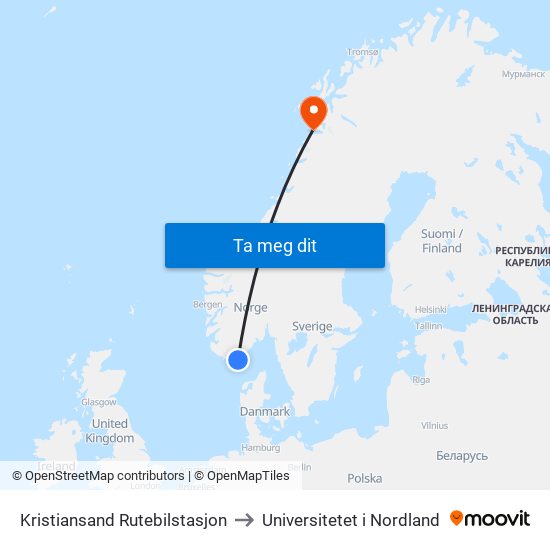 Kristiansand Rutebilstasjon to Universitetet i Nordland map