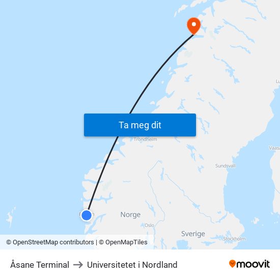 Åsane Terminal to Universitetet i Nordland map