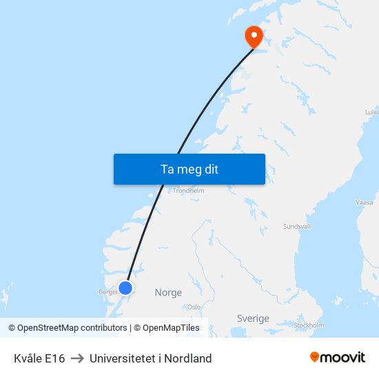Kvåle E16 to Universitetet i Nordland map