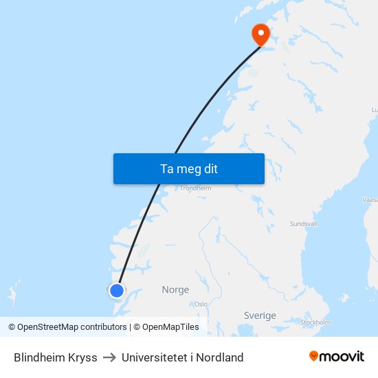 Blindheim Kryss to Universitetet i Nordland map