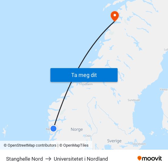 Stanghelle Nord to Universitetet i Nordland map