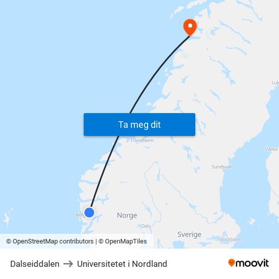 Dalseiddalen to Universitetet i Nordland map