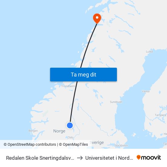 Redalen Skole Snertingdalsvegen to Universitetet i Nordland map