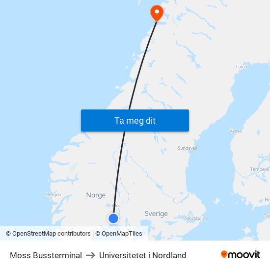Moss Bussterminal to Universitetet i Nordland map