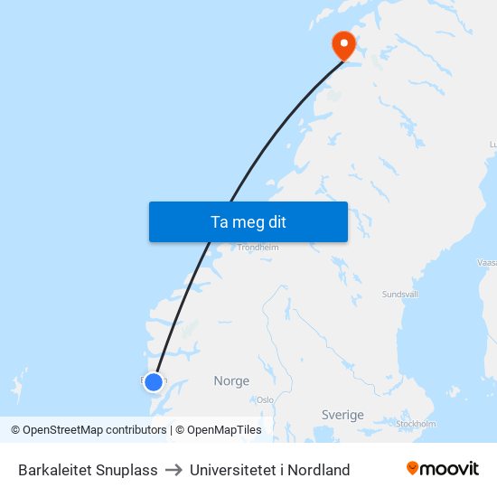 Barkaleitet Snuplass to Universitetet i Nordland map