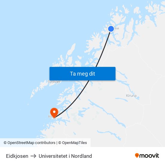 Eidkjosen to Universitetet i Nordland map