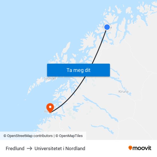 Fredlund to Universitetet i Nordland map