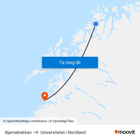 Bjørnebekken to Universitetet i Nordland map