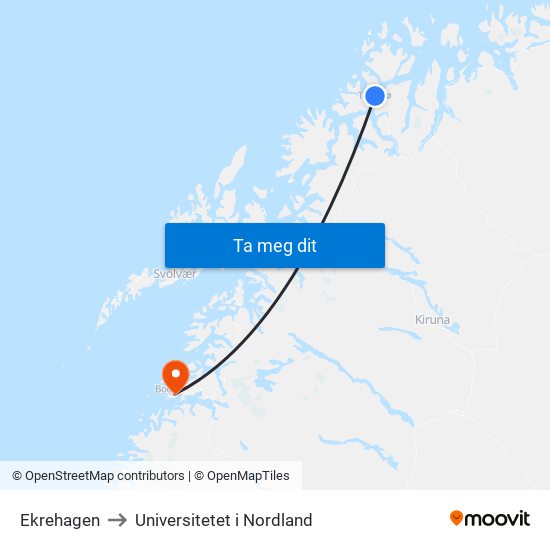 Ekrehagen to Universitetet i Nordland map