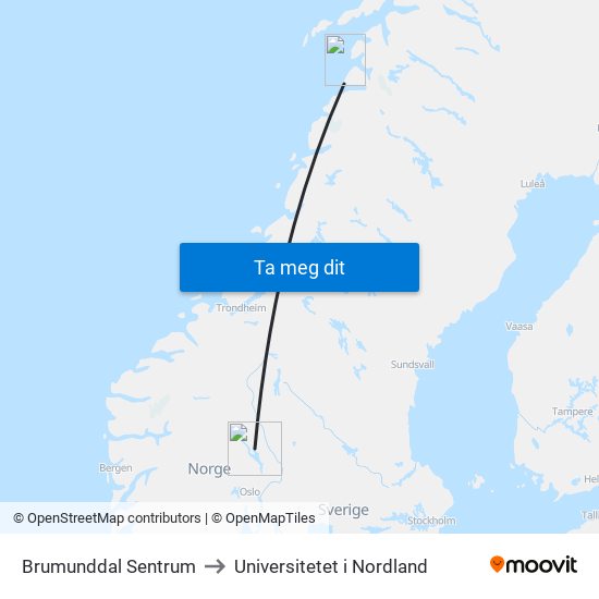 Brumunddal Sentrum to Universitetet i Nordland map