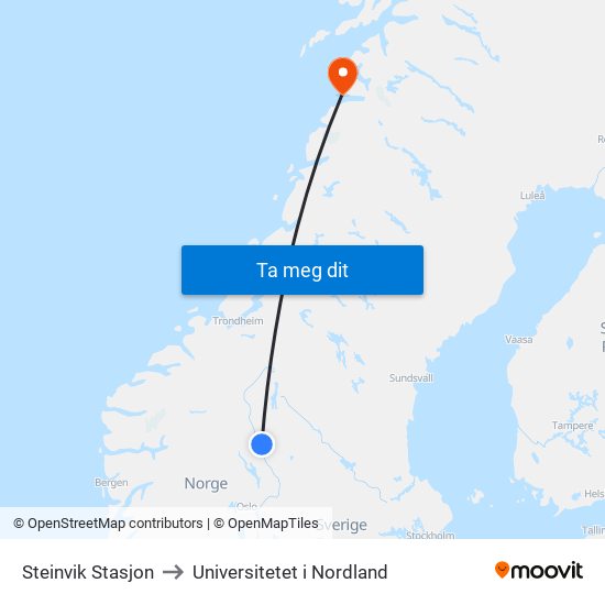 Steinvik Stasjon to Universitetet i Nordland map