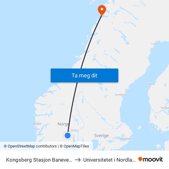 Kongsberg Stasjon Baneveien to Universitetet i Nordland map
