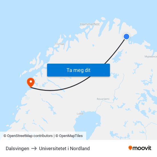 Dalsvingen to Universitetet i Nordland map